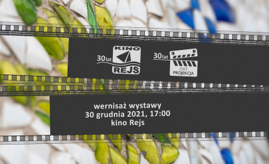 czarna klisza z klapsem fillmowym i napisami  wernisaż wystawy 30 grudnia 2021 godz 17.00 kino Rejs